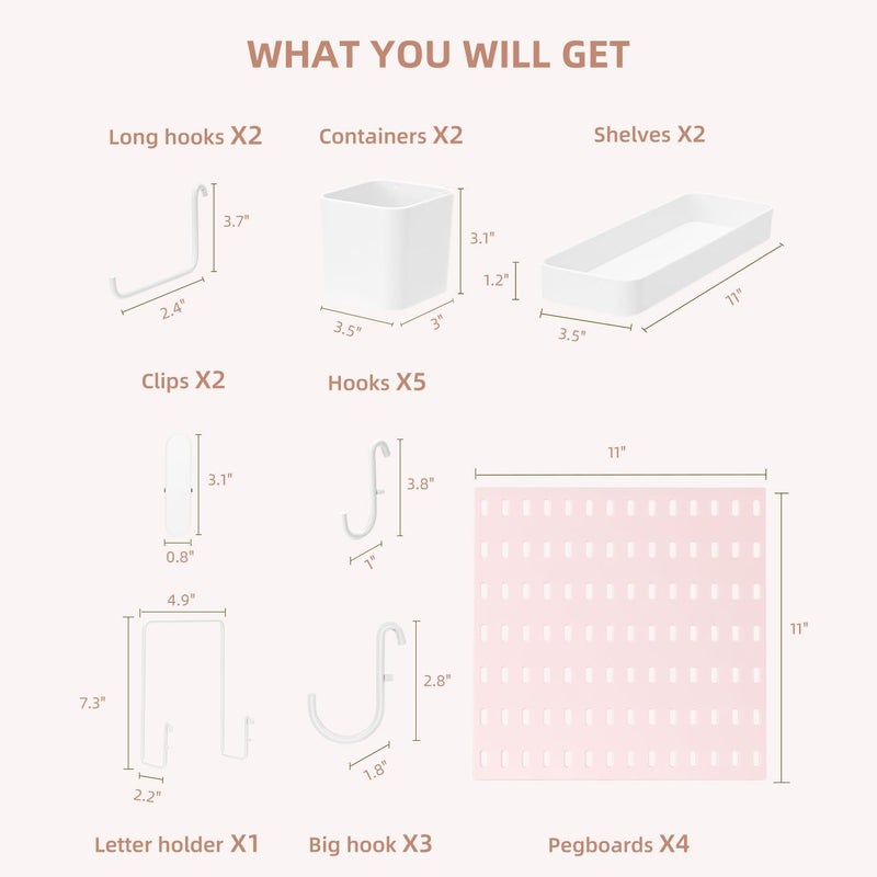 VUSIGN Pegboard Combination Wall Organizer Kit, 4 Pieces Pegboards and 17 Accessories Modular Hanging, Wall Mount Display Peg Board Panel Kits for Bedroom, Home, Office, Bathroom, 22" x 22", Pink - Image 3